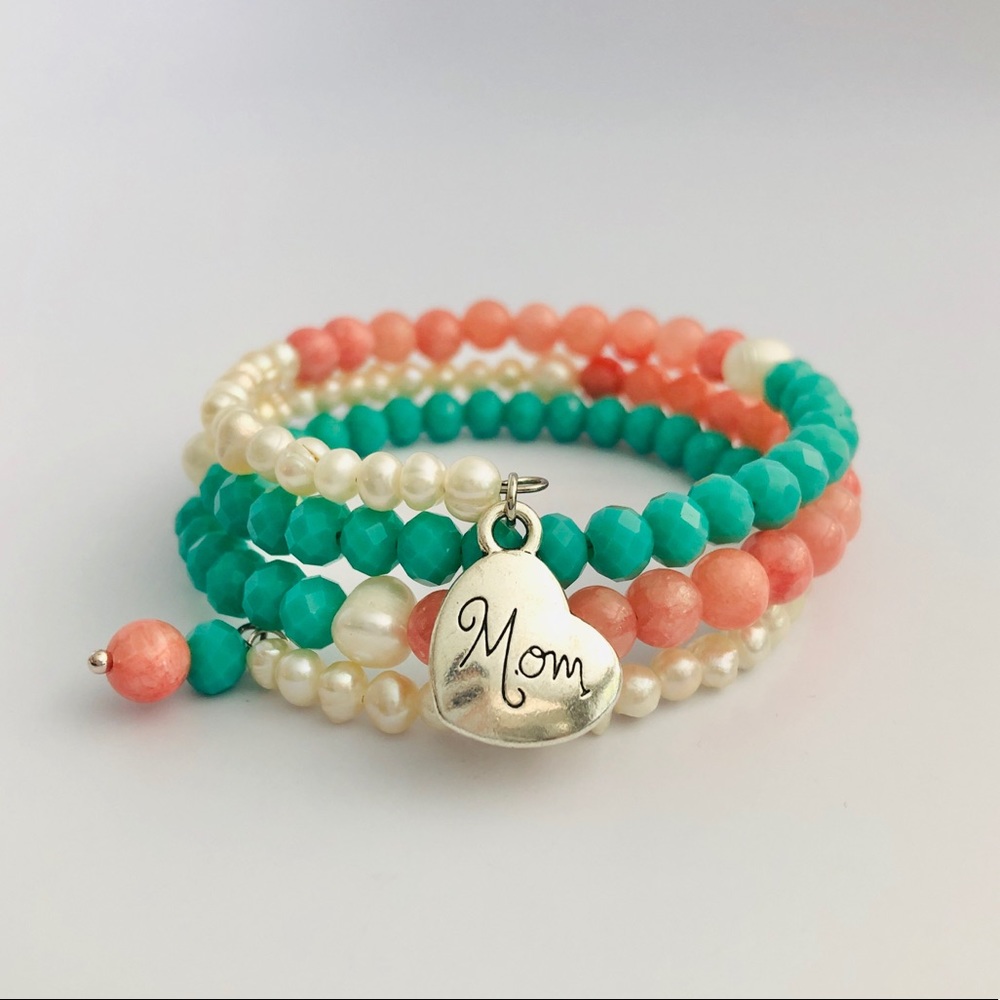 Mothers Day Memory Wire Wrap Beaded Bracelet